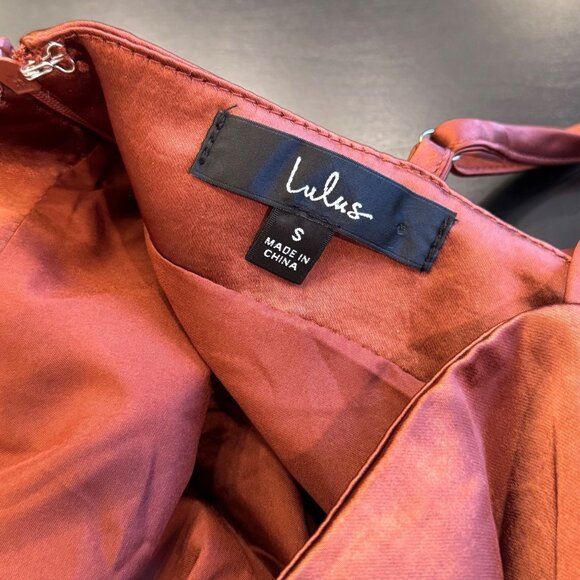 Lulus Dreams Come True Size Small Brown Satin Ruffled Mini Dress Fall - Picture 4 of 6